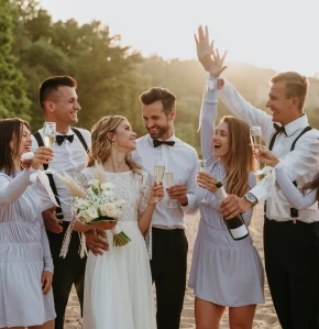 Mariés et invités souriants célèbrent un évènement privé en extérieur avec du champagne, service traiteur Gustus Genève.